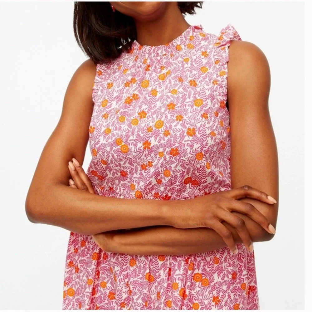 JCrew Floral Print Tiered Ruffle Sleeveless Pink Orange Cotton Dress Sz 0 - Picture 4 of 15